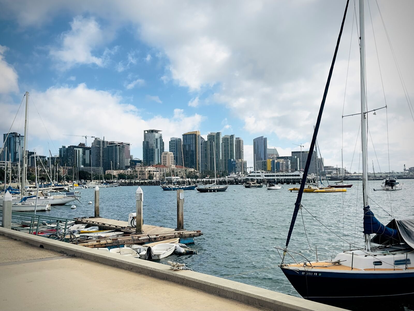 Sailboats moored at Silver Gate with the San Diego skyline behind